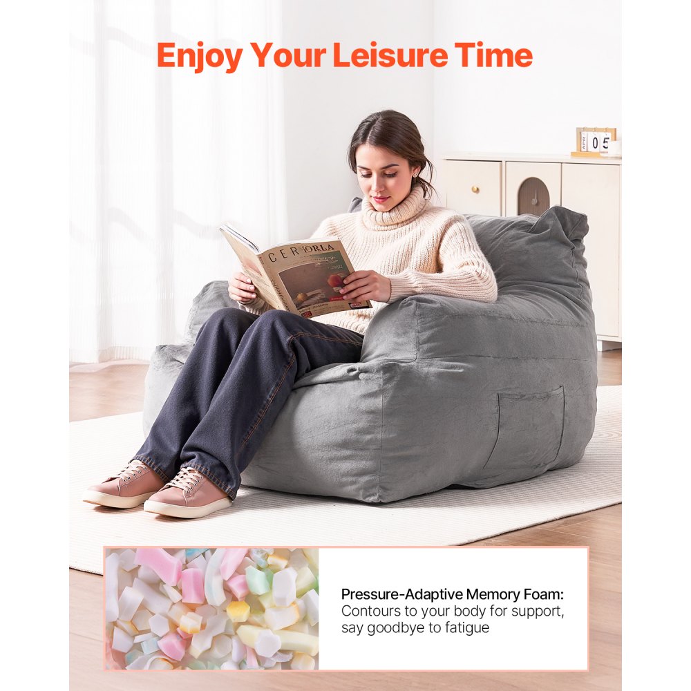VEVOR Bean Bag Chair, BeanBag Sofa Chair with Armrests for Adults, Fluffy Plush & High-Density Foam Filling Adult Bean Bag with Zapper, Comfy Lazy Sofa Chair Ideal for Living Room, Bedroom, Grey
