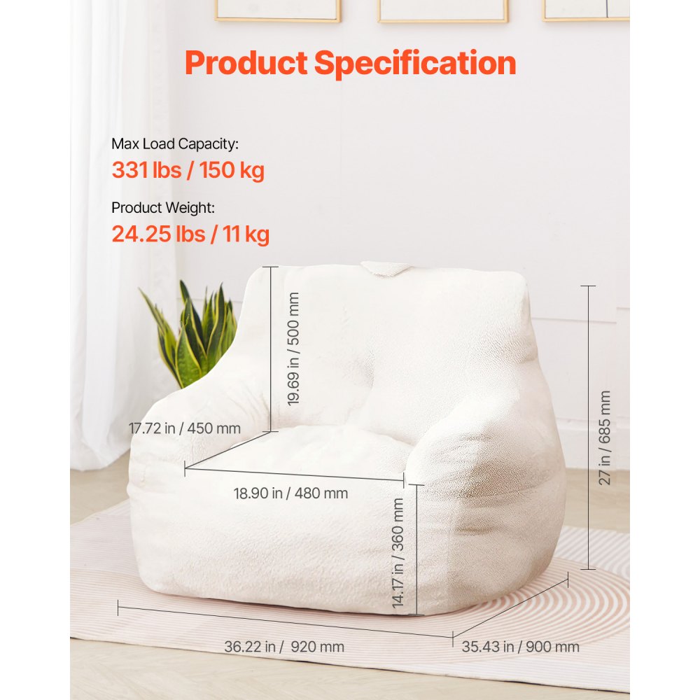 VEVOR Bean Bag Chair, 3 feet Bean Bag Chair with Soft Armrests and Storage Pocket, 25D Memory Foam Filled with Soft Teddy Velvet Cover, Bean Bag for Bedroom or Playroom, White