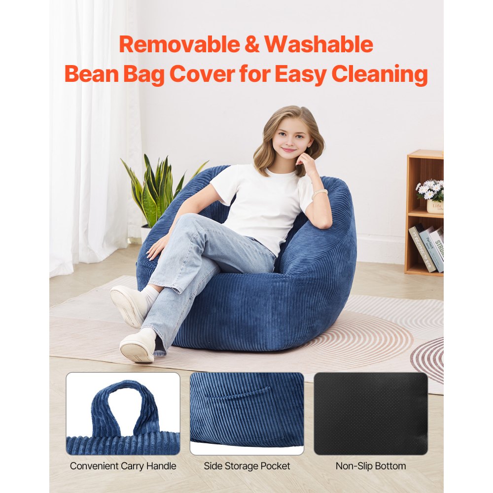 VEVOR Bean Bag Chair, 3 feet Bean Bag Chair with Soft Armrests and Storage Pocket, 25D Memory Foam Filled with Soft Teddy Velvet Cover, Bean Bag for Bedroom or Playroom, Blue