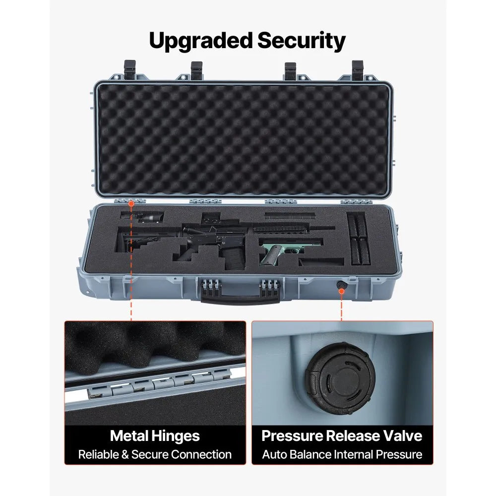 VEVOR Hard Rifle Case, Lockable Rifle Case with 4 Layers Pre-cut Foams, 36 in Gun Storage with Wheels, IP67 Waterproof & Dustproof Pistol Storage Cases for Rifles, Shotguns, Airsoft Guns, Grey