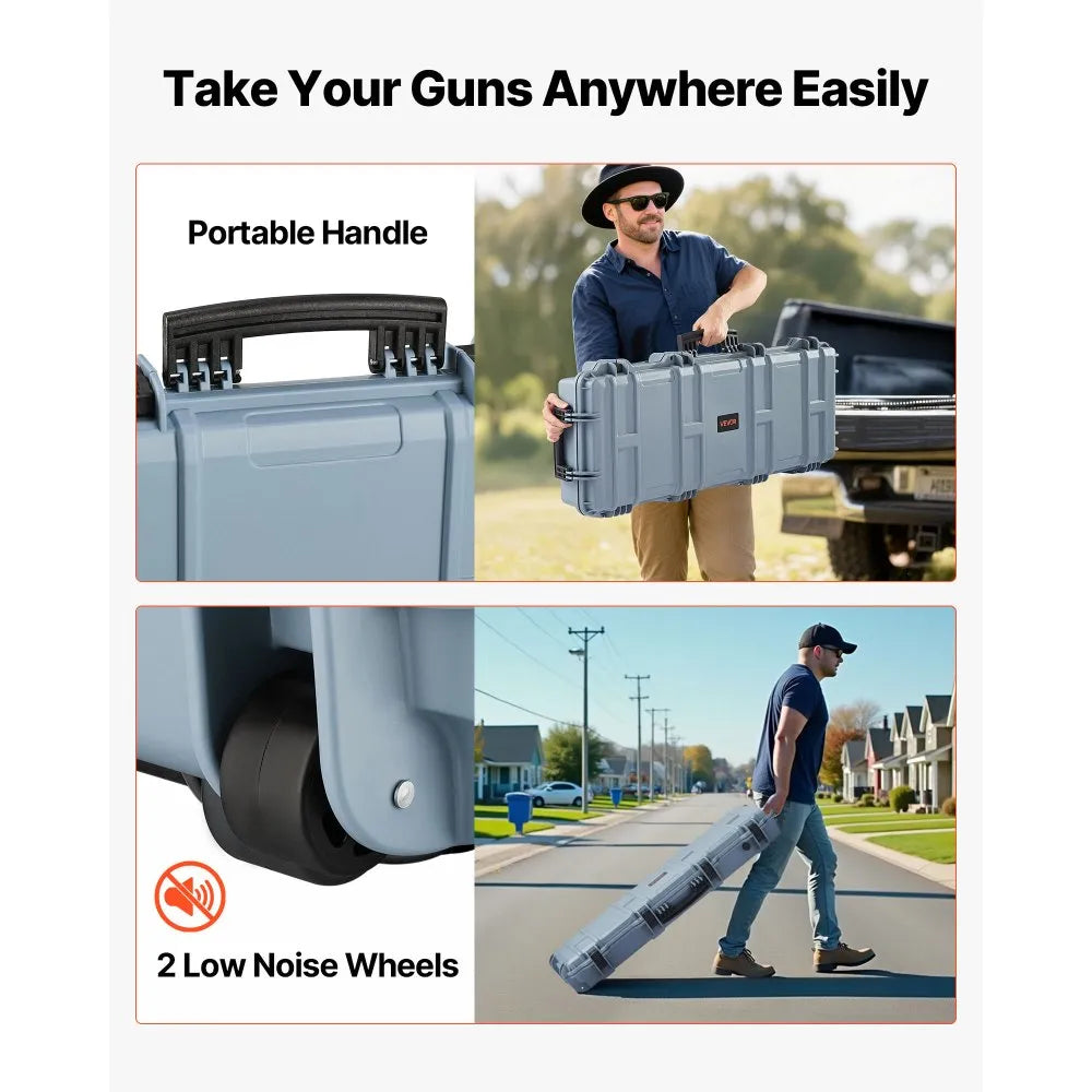 VEVOR Hard Rifle Case, Lockable Rifle Case with 4 Layers Pre-cut Foams, 36 in Gun Storage with Wheels, IP67 Waterproof & Dustproof Pistol Storage Cases for Rifles, Shotguns, Airsoft Guns, Grey
