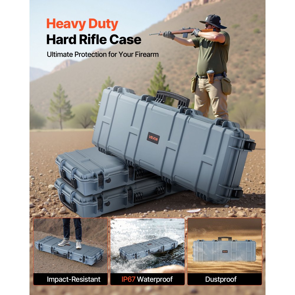 VEVOR Hard Rifle Case, Lockable Rifle Case with Pre-cut Foams, 40 in Gun Storage with Wheels, IP67 Waterproof & Dustproof Movable Large Pistol Storage for Rifles, Shotguns, Airsoft Guns, Grey