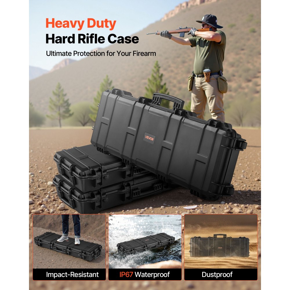 VEVOR Hard Rifle Case, Lockable Rifle Case with Pre-cut Foams, 40 in Gun Storage with Wheels, IP67 Waterproof & Dustproof Movable Large Pistol Storage for Rifles, Shotguns, Airsoft Guns, Black