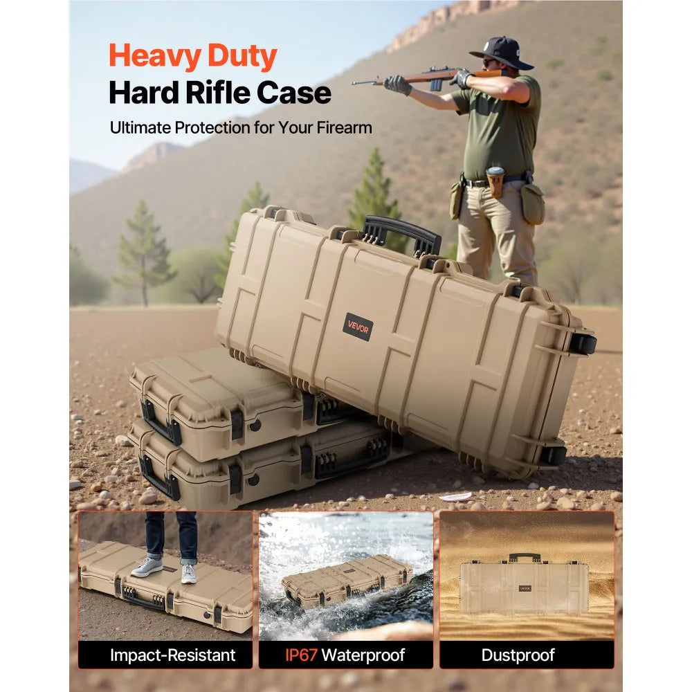 VEVOR Hard Rifle Case, Lockable Rifle Case with Pre-cut Foams, 40 in Gun Storage with Wheels, IP67 Waterproof & Dustproof Movable Large Pistol Storage for Rifles, Shotguns, Airsoft Guns, Khaki