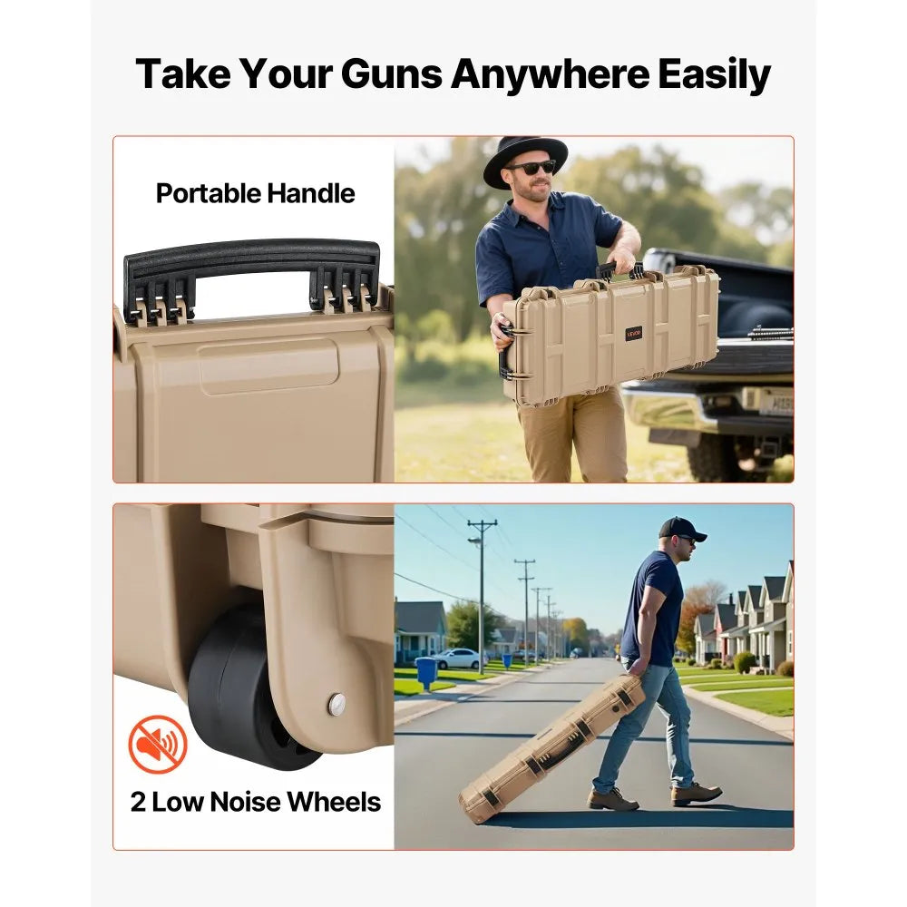 VEVOR Hard Rifle Case, Lockable Rifle Case with Pre-cut Foams, 40 in Gun Storage with Wheels, IP67 Waterproof & Dustproof Movable Large Pistol Storage for Rifles, Shotguns, Airsoft Guns, Khaki