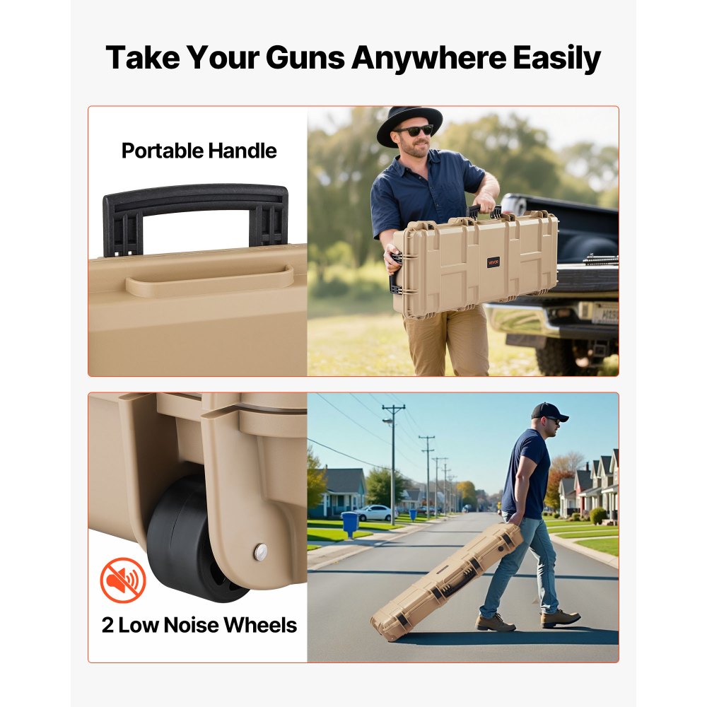 VEVOR Hard Rifle Case, Lockable Rifle Case with Pre-cut Foams, 42 in Movable Gun Storage with Wheels, IP67 Waterproof & Dustproof Pistol Storage for Rifle, Shotgun, Airsoft Gun, Khaki
