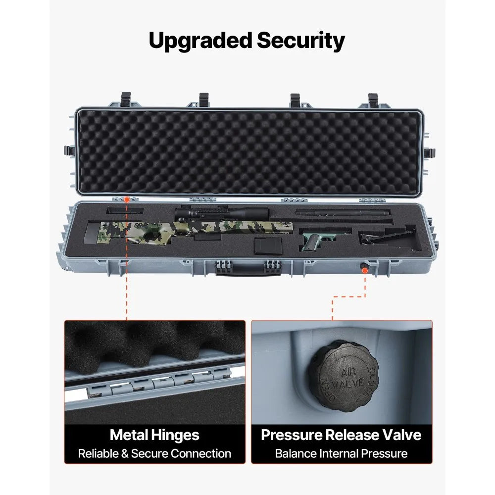 VEVOR Hard Rifle Case, Lockable Rifle Case with Pre-cut Foams, 50 in Movable Gun Storage with Wheels, IP67 Waterproof & Dustproof Pistol Storage for Rifle, Shotgun, Airsoft Gun, Grey