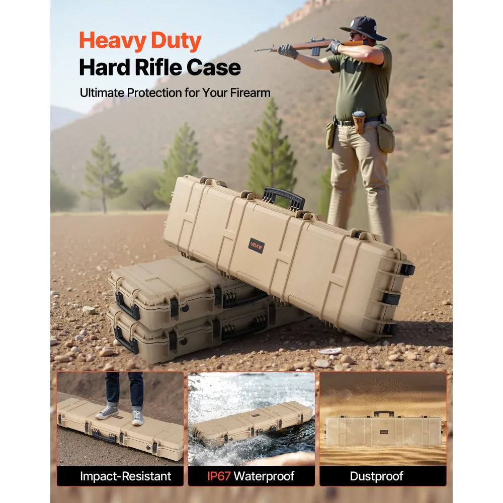 VEVOR Hard Rifle Case, Lockable Rifle Case with Pre-cut Foams, 50 in Movable Gun Storage with Wheels, IP67 Waterproof & Dustproof Pistol Storage for Rifle, Shotgun, Airsoft Gun, Khaki