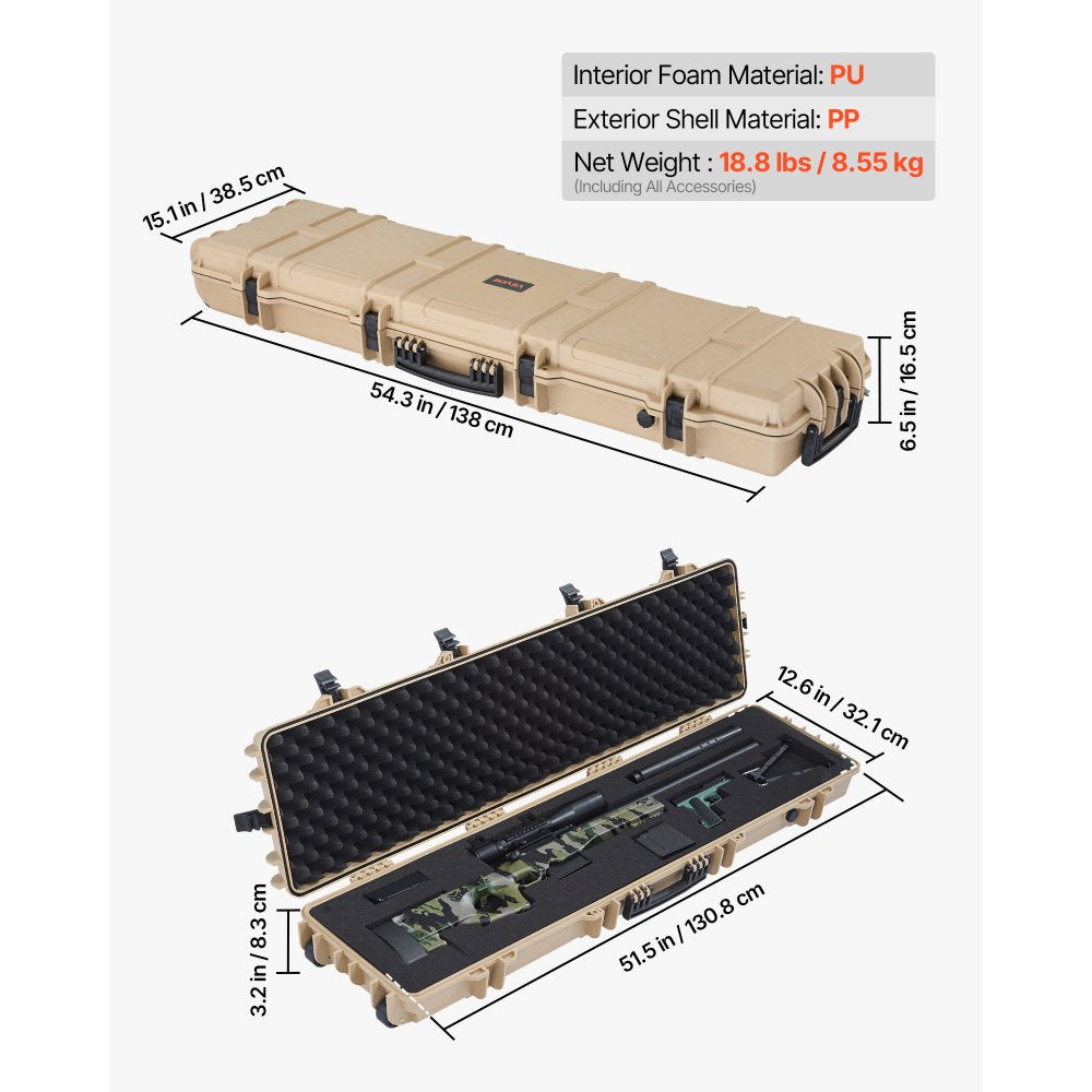 VEVOR Hard Rifle Case, Lockable Rifle Case with Pre-cut Foams, 50 in Movable Gun Storage with Wheels, IP67 Waterproof & Dustproof Pistol Storage for Rifle, Shotgun, Airsoft Gun, Khaki