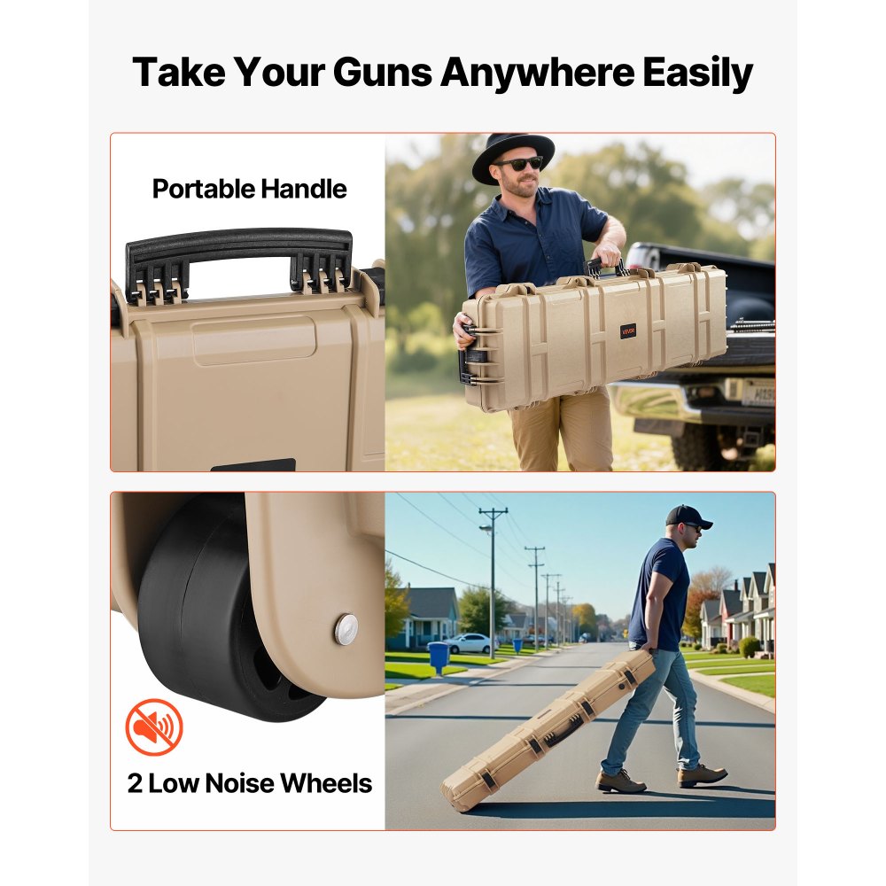 VEVOR Hard Rifle Case, Lockable Rifle Case with Pre-cut Foams, 50 in Movable Gun Storage with Wheels, IP67 Waterproof & Dustproof Pistol Storage for Rifle, Shotgun, Airsoft Gun, Khaki