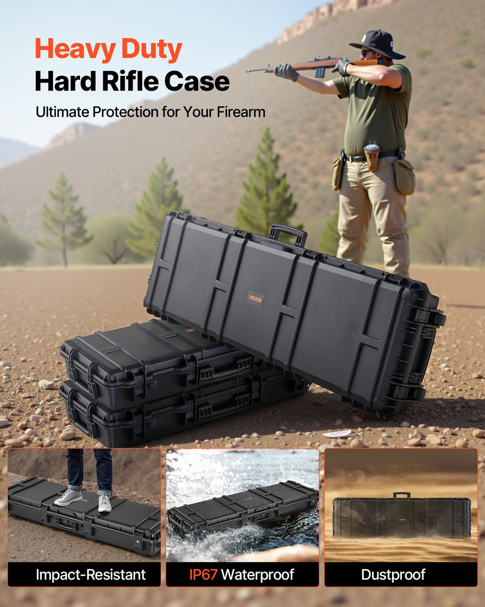 VEVOR Hard Rifle Case, Lockable Rifle Case with Pre-cut Foams, 52 in Gun Storage with Wheels, Heavy Duty IP67 Waterproof & Dustproof Pistol Storage Cases for Rifles, Shotguns, Airsoft Guns, Black