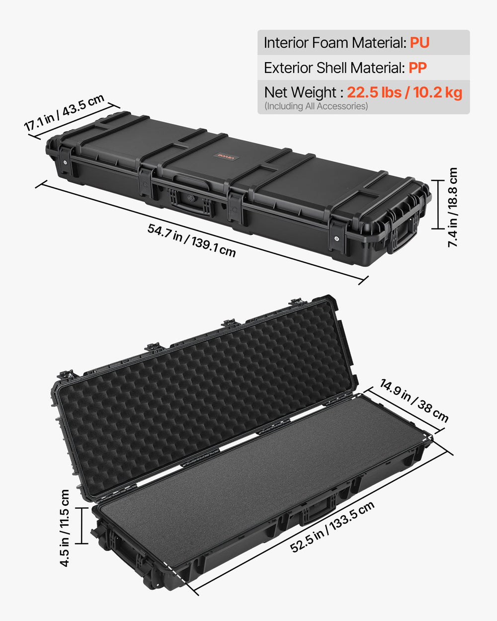 VEVOR Hard Rifle Case, Lockable Rifle Case with Pre-cut Foams, 52 in Gun Storage with Wheels, Heavy Duty IP67 Waterproof & Dustproof Pistol Storage Cases for Rifles, Shotguns, Airsoft Guns, Black