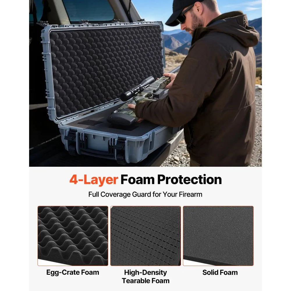 VEVOR Hard Rifle Case, Lockable Rifle Case with Pre-cut Foams, 52 in Gun Storage with Wheels, Heavy Duty IP67 Waterproof & Dustproof Pistol Storage Cases for Rifles, Shotguns, Airsoft Guns, Grey