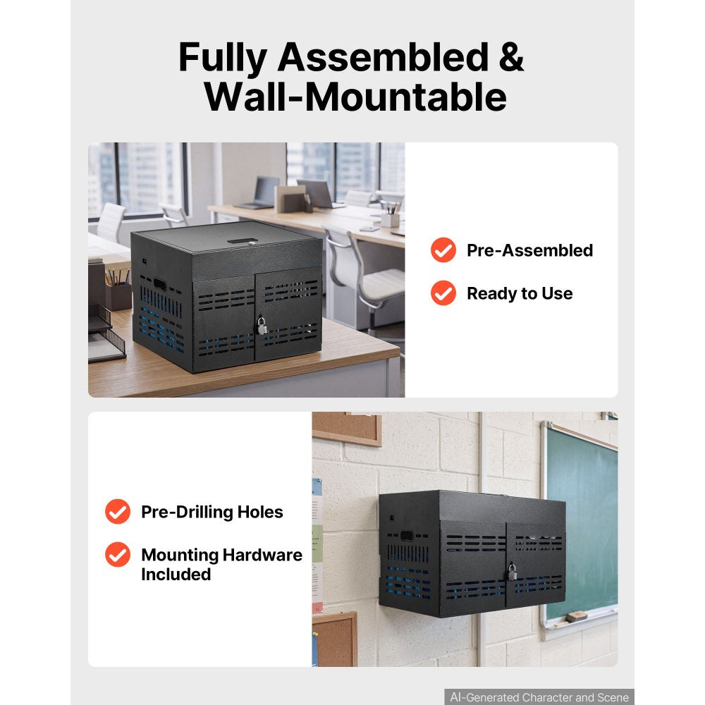 VEVOR 12-Device Charging Cabinet for Tablet & Laptop, Lock Charging Station, for Classroom, Chromebooks, iPads, Fits Devices up to 15.6 in, Wall/Desktop Mount, Steel Lock Box, Fully Assembled, Black