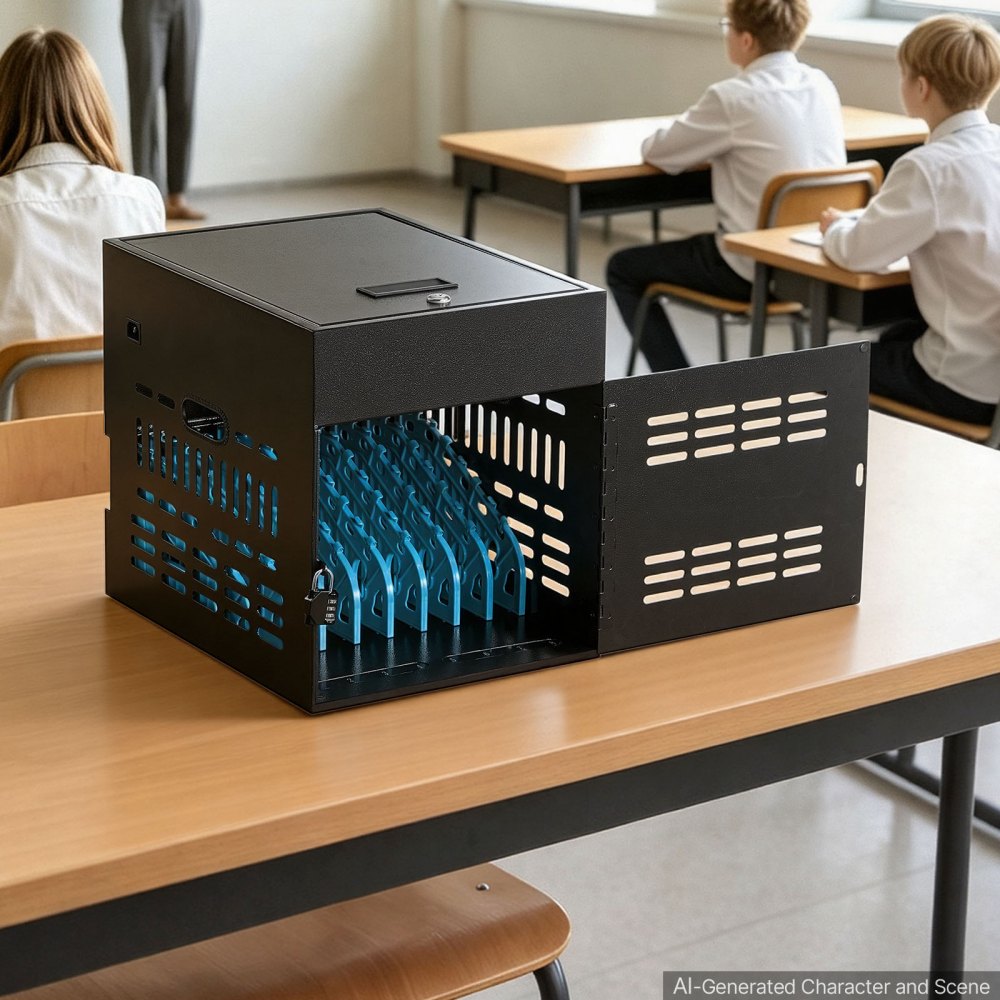 VEVOR 8-Device Charging Cabinet for Tablet & Laptop, Lock Charging Station, for Classroom, Chromebooks, iPads, Fits Devices up to 15.6 in, Wall/Desktop Mount, Steel Lock Box, Fully Assembled, Black