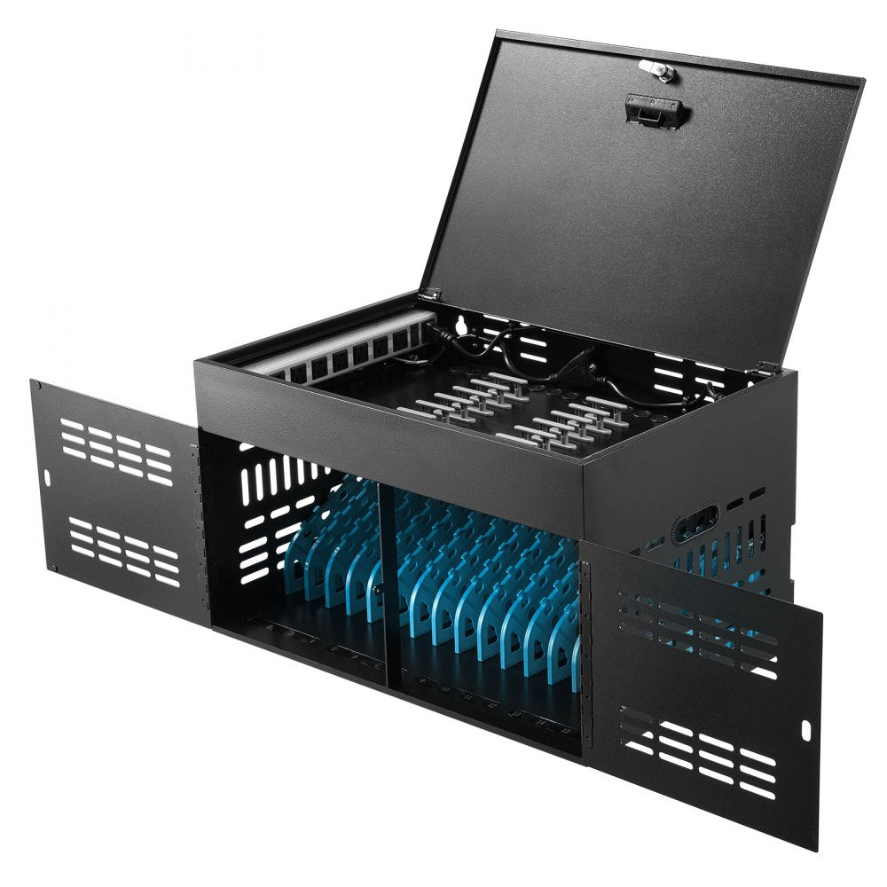 VEVOR 16-Device Charging Cabinet for Tablet & Laptop, Lock Charging Station, for Classroom, Chromebooks, iPads, Fits Devices up to 15.6 in, Wall/Desktop Mount, Steel Lock Box, Fully Assembled, Black