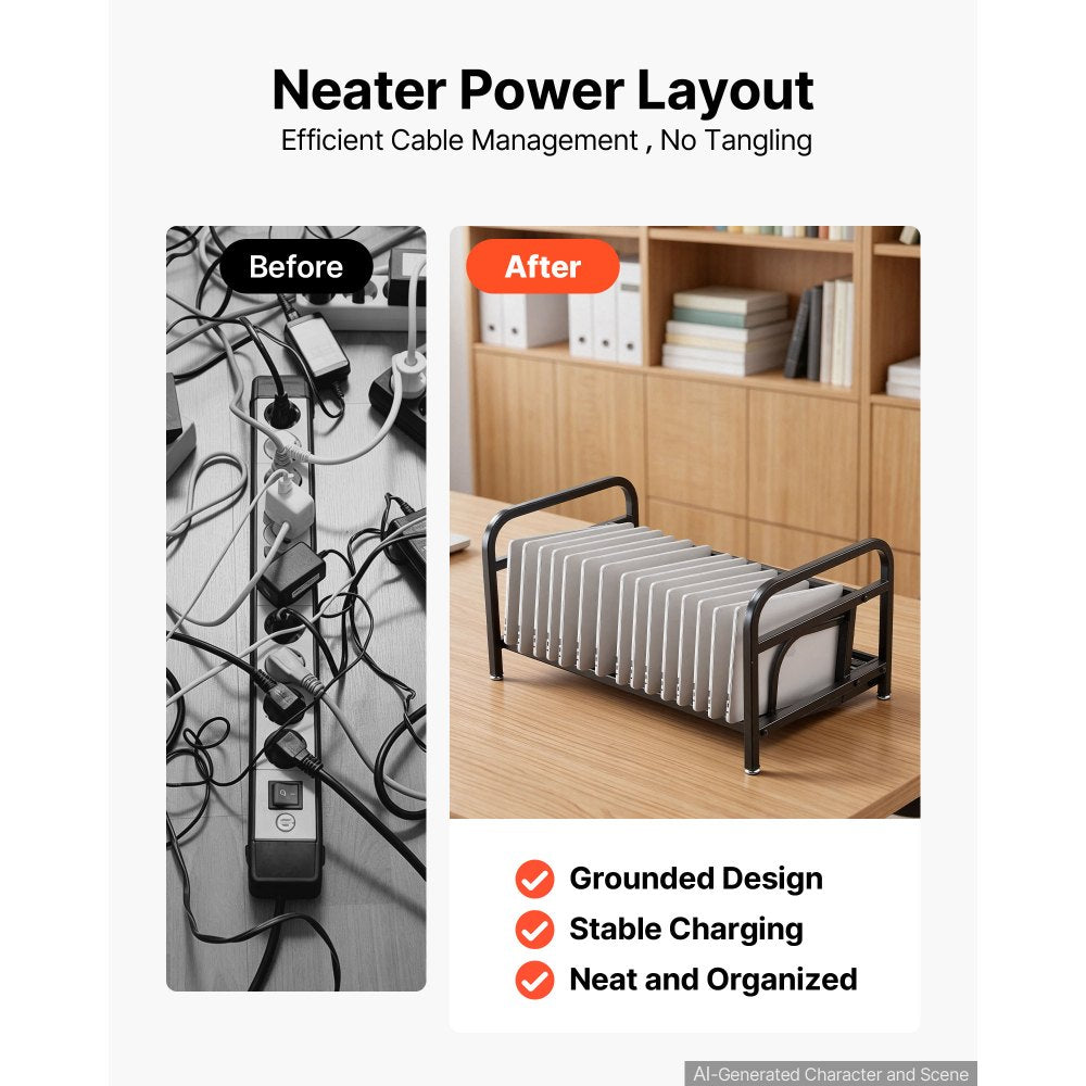 VEVOR 16-Device Charging Cabinet for Tablet & Laptop, Open Charging Station, for Homes, Classrooms, Offices, Fits Devices up to 15.6 in, Key Lock & Storage Drawer, Desktop Use, Steel Lock Box, Black