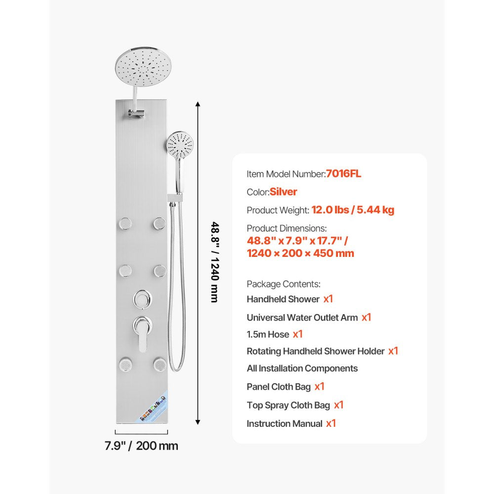 VEVOR Shower Panel Tower System with Rainfall Shower Head, 49 in Brushed Stainless Steel Shower Column, 3-Function Faucet, High Pressure Wall-Mount Rain Massage System with 6 Body Jets and Handheld