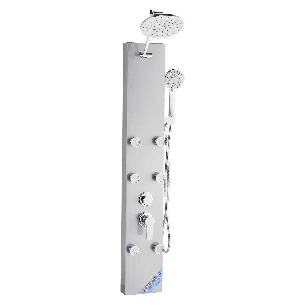 VEVOR Shower Panel Tower System with Rainfall Shower Head, 49 in Brushed Stainless Steel Shower Column, 3-Function Faucet, High Pressure Wall-Mount Rain Massage System with 6 Body Jets and Handheld
