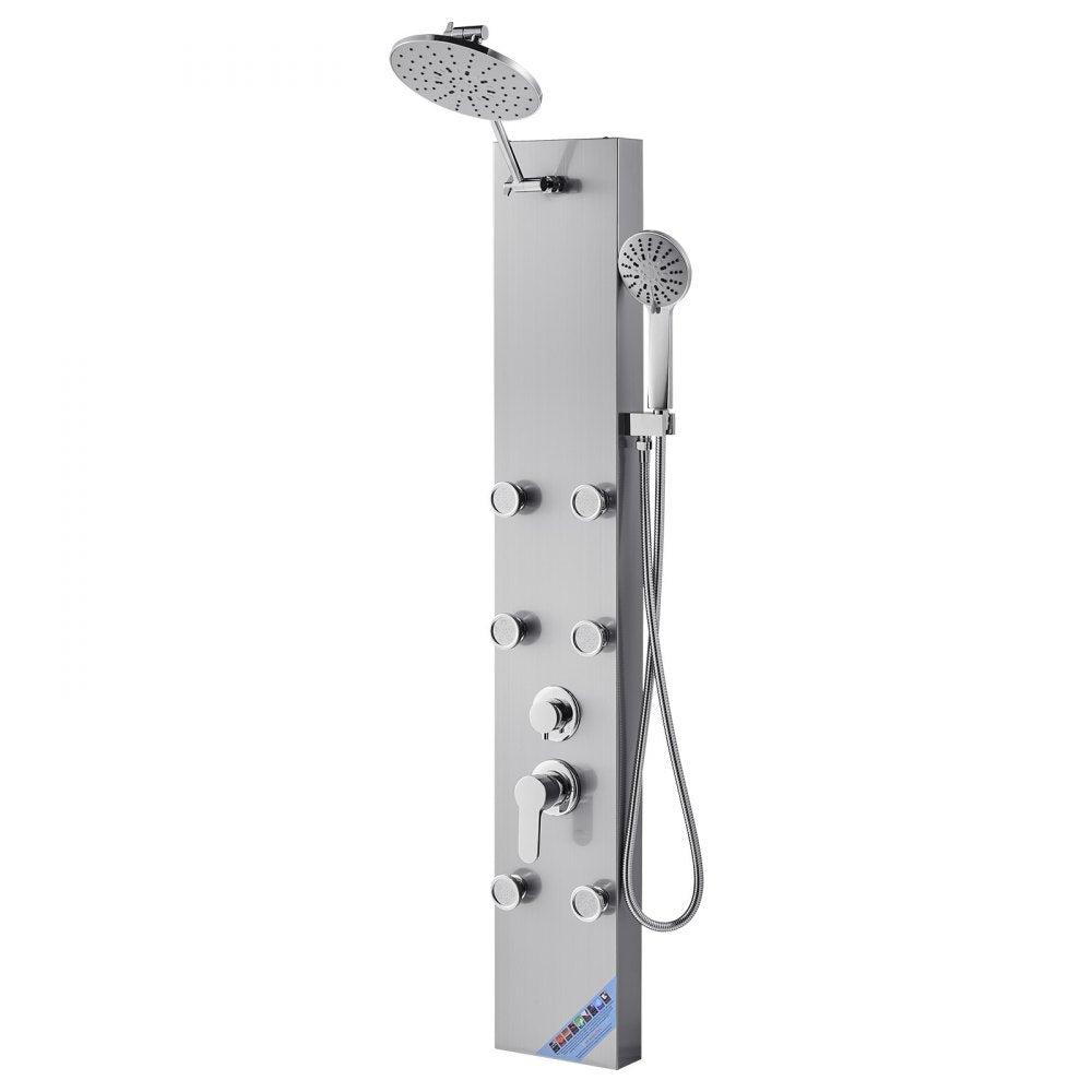 VEVOR Shower Panel Tower System with Rainfall Shower Head, 49 in Brushed Stainless Steel Shower Column, 3-Function Faucet, High Pressure Wall-Mount Rain Massage System with 6 Body Jets and Handheld