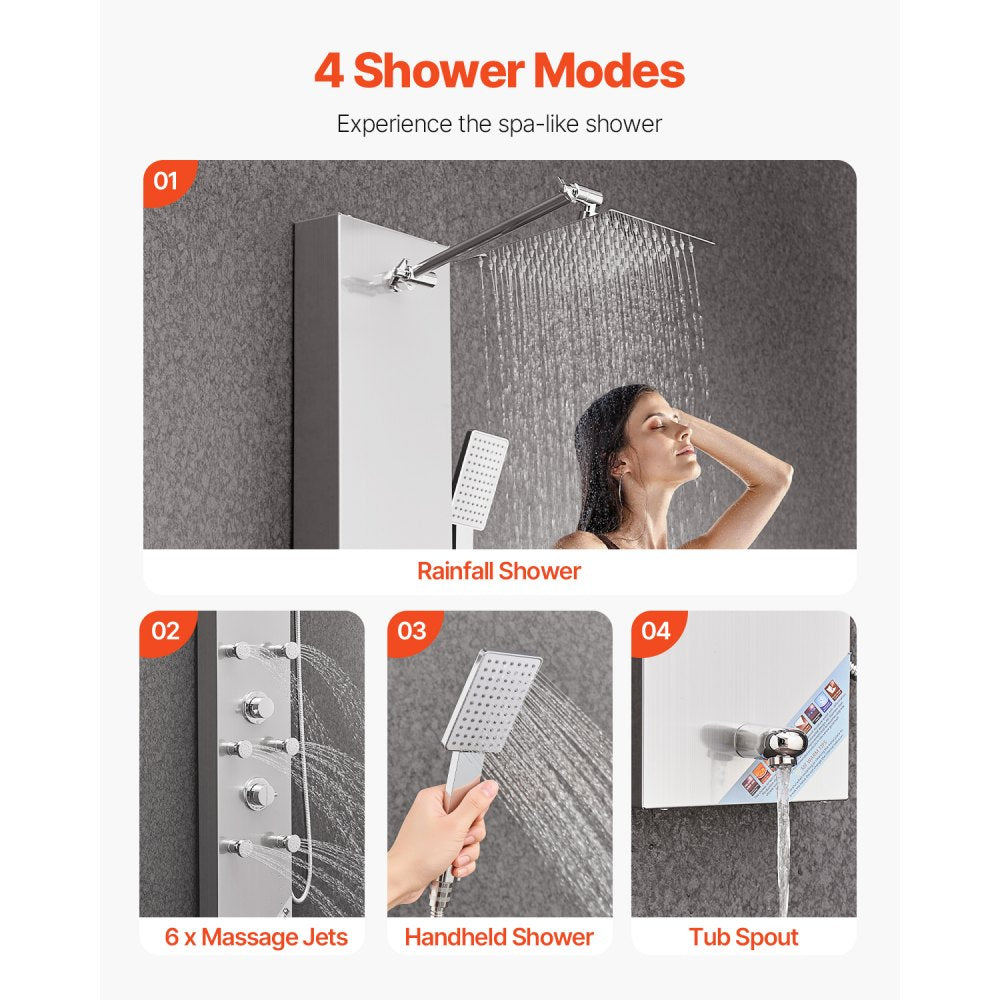 VEVOR Shower Panel Tower System with Rainfall Shower Head, LED, 49 in Brushed Stainless Steel Shower Column, 4-Function Faucet, Wall-Mount Rain Massage System with 6 Body Jets, Handheld, and Tub Spout