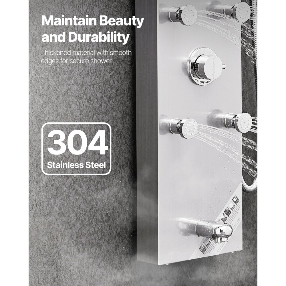 VEVOR Shower Panel Tower System with Rainfall Shower Head, LED, 49 in Brushed Stainless Steel Shower Column, 4-Function Faucet, Wall-Mount Rain Massage System with 6 Body Jets, Handheld, and Tub Spout