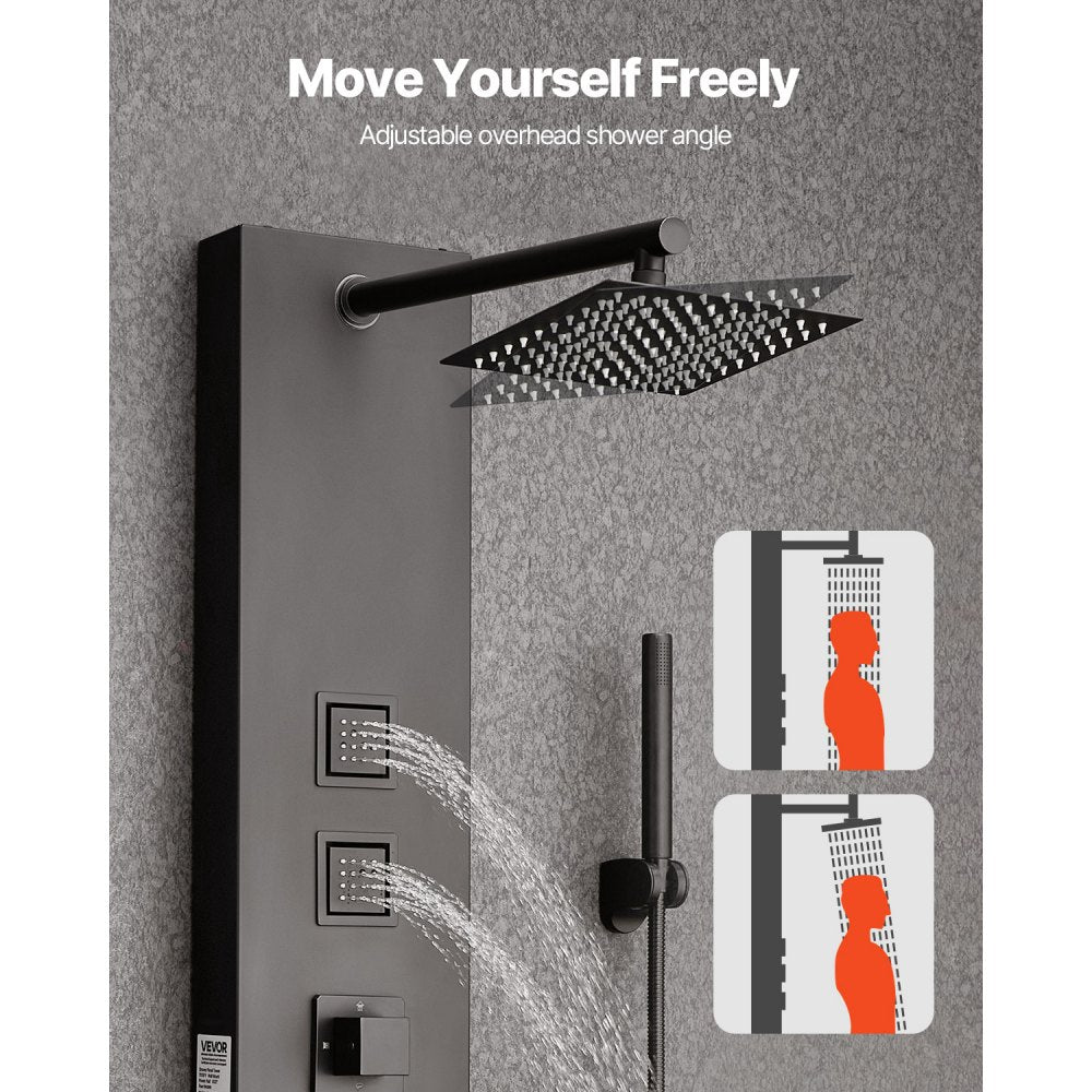 VEVOR Shower Panel Tower System with Rainfall Shower Head, 49 in Brushed Stainless Steel Shower Column, 4-Function Faucet, Wall-Mount Rain Massage System, with 4 Body Jets,  Handheld, and Tub Spout