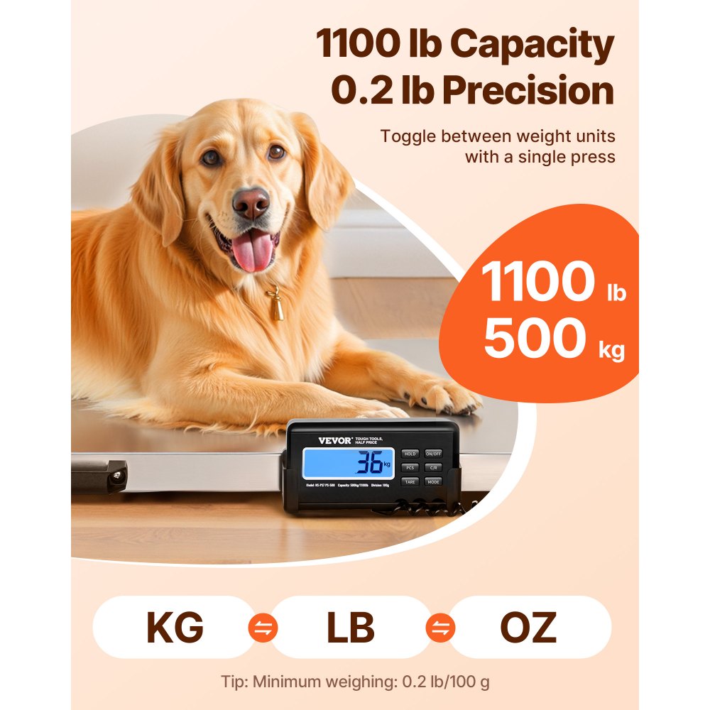 VEVOR Digital Postal Scale, 0.2 lbs Dual Accuracy, 1100 lbs Commercial Weight Scale with Hold/Tare Function & LCD Display, Fit for Packages, Postage, Luggage, Battery and Power Adapter Included
