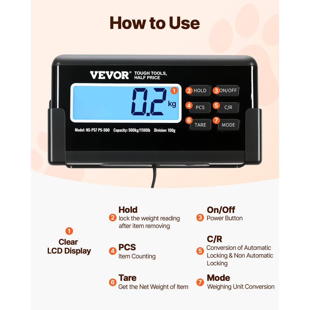 VEVOR Digital Postal Scale, 0.2 lbs Dual Accuracy, 1100 lbs Commercial Weight Scale with Hold/Tare Function & LCD Display, Fit for Packages, Postage, Luggage, Battery and Power Adapter Included