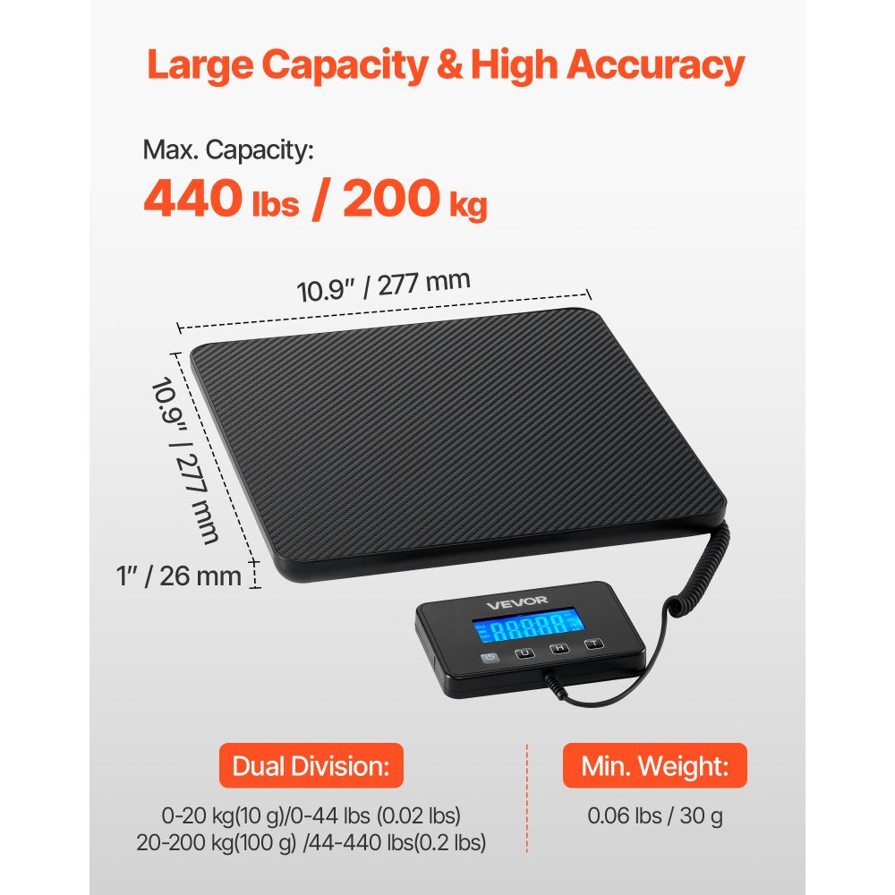 VEVOR Digital Postal Scale, 0.35 oz/3.5 oz Dual Accuracy, 440 lbs Commercial Weight Scale with Hold/Tare Function & LCD Display, Fit for Packages, Postage, Luggage, Battery & Charging Cable Included