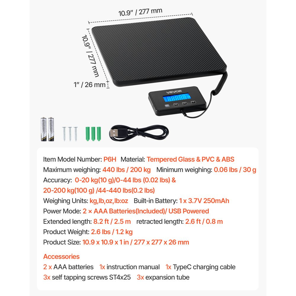 VEVOR Digital Postal Scale, 0.35 oz/3.5 oz Dual Accuracy, 440 lbs Commercial Weight Scale with Hold/Tare Function & LCD Display, Fit for Packages, Postage, Luggage, Battery & Charging Cable Included