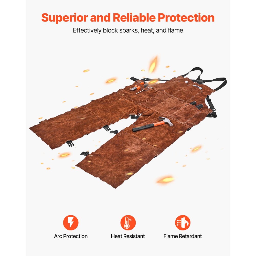 VEVOR Leather Welding Apron Split Leg, Heavy Duty Cowhide Flame Resistant Welding Pants for Men Women, Heat-Resistant Safety Apron with 3 Pockets for Woodworking, Gardening, Blacksmithing, XL-Size