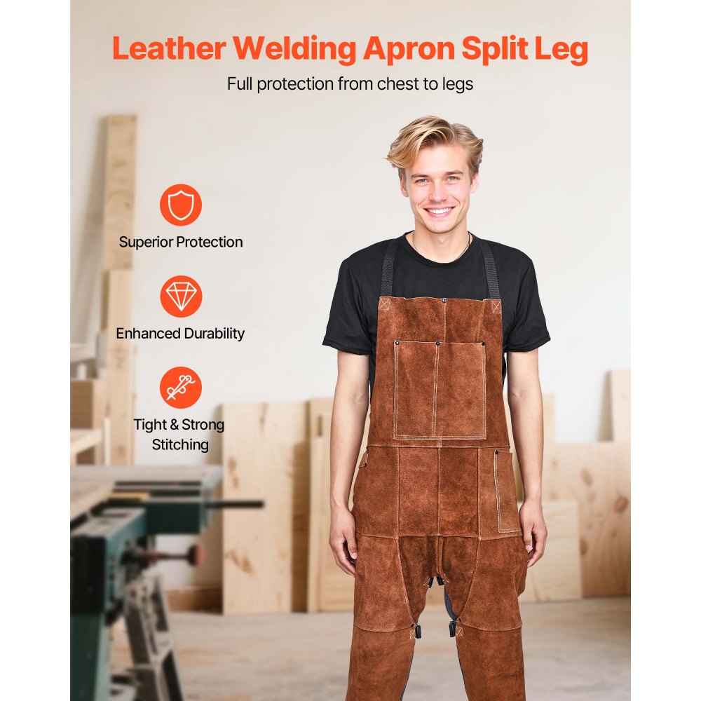 VEVOR Leather Welding Apron Split Leg, Heavy Duty Cowhide Flame Resistant Welding Pants for Men Women, Heat-Resistant Safety Apron with 3 Pockets for Woodworking, Gardening, Blacksmithing, M-Size