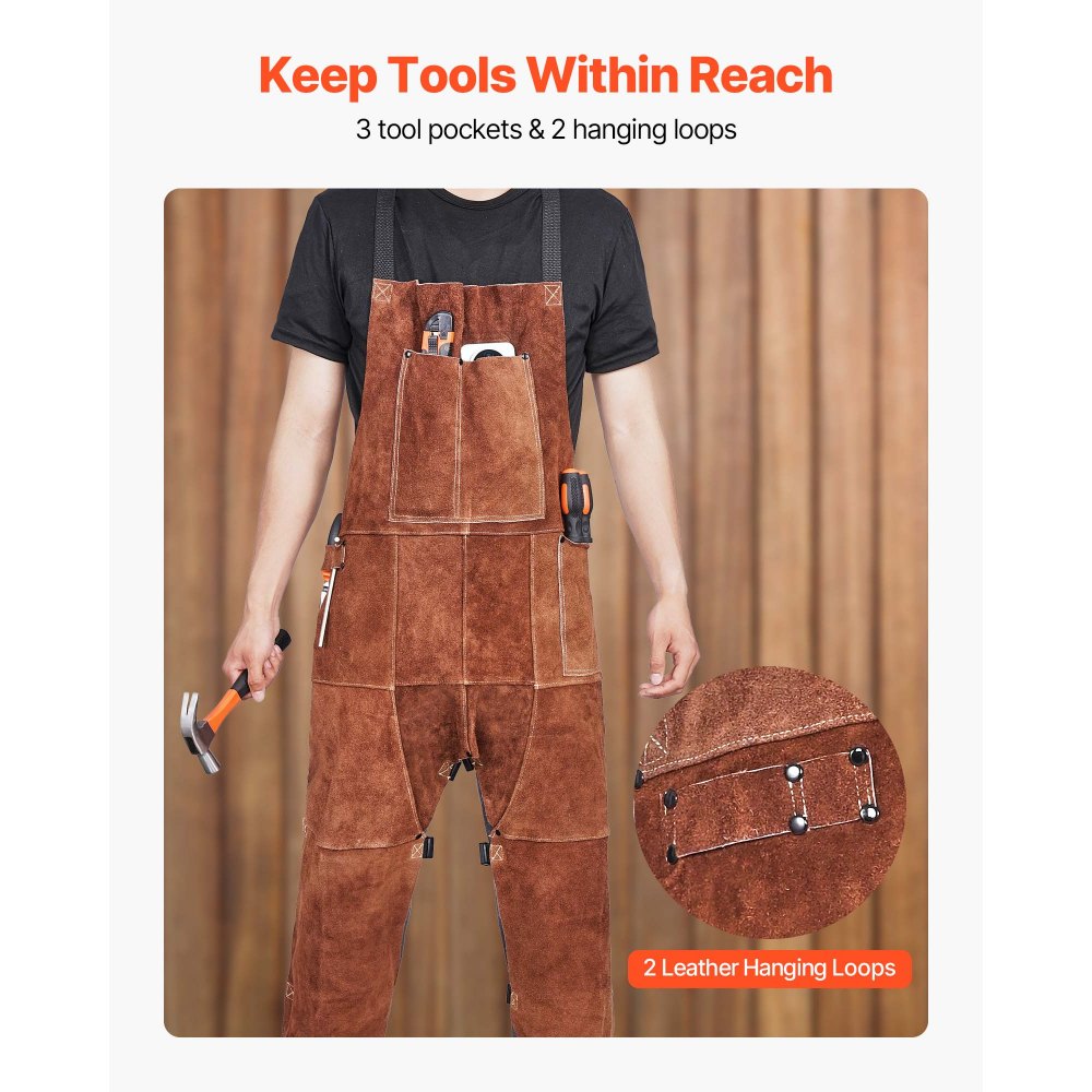 VEVOR Leather Welding Apron Split Leg, Heavy Duty Cowhide Flame Resistant Welding Pants for Men Women, Heat-Resistant Safety Apron with 3 Pockets for Woodworking, Gardening, Blacksmithing, M-Size