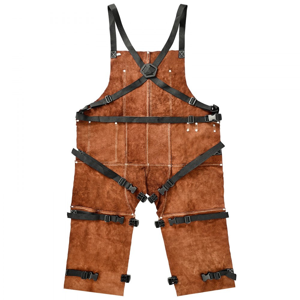 VEVOR Leather Welding Apron Split Leg, Heavy Duty Cowhide Flame Resistant Welding Pants for Men Women, Heat-Resistant Safety Apron with 3 Pockets for Woodworking, Gardening, Blacksmithing, M-Size
