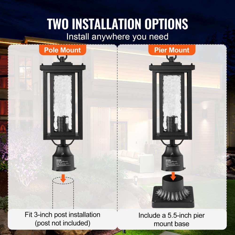 VEVOR 2 Pack Dusk to Dawn Outdoor Post Light, 17.72 in, Waterproof Lamp Post Light Fixtures with 3.5 in Pier Mount Base Glass Shade, Lightning-proof Exterior Pole Column Light for Patio Garden Pathway