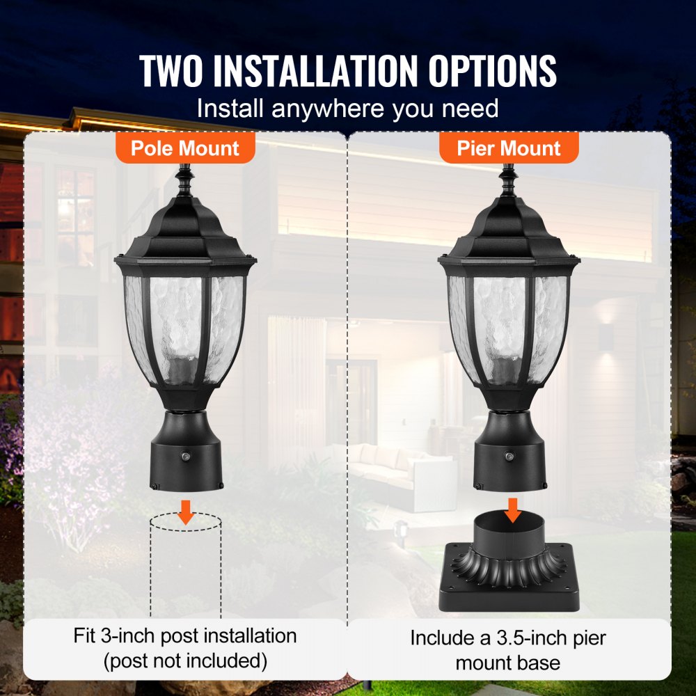 VEVOR 2 Pack Dusk to Dawn Outdoor Post Light, 15.35 in, Waterproof Lamp Post Light Fixtures with 3.5 in Pier Mount Base Glass Shade, Lightning-proof Exterior Pole Column Light for Patio Garden Pathway