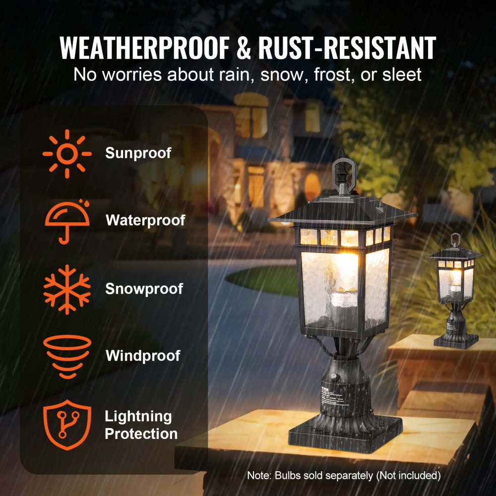 VEVOR 2 Pack Dusk to Dawn Outdoor Post Light, 15.75 in, Waterproof Lamp Post Light Fixtures with 5.5 in Pier Mount Base Glass Shade, Lightning-proof Exterior Pole Column Light for Patio Garden Pathway