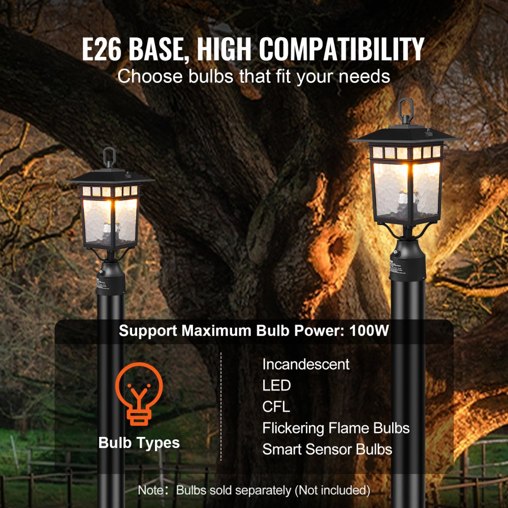 VEVOR 2 Pack Dusk to Dawn Outdoor Post Light, 15.75 in, Waterproof Lamp Post Light Fixtures with 5.5 in Pier Mount Base Glass Shade, Lightning-proof Exterior Pole Column Light for Patio Garden Pathway