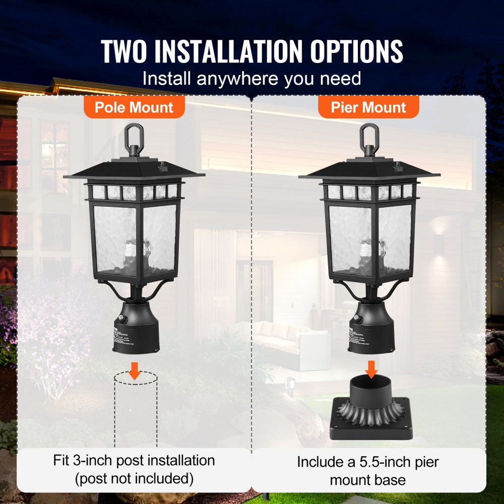 VEVOR 2 Pack Dusk to Dawn Outdoor Post Light, 15.75 in, Waterproof Lamp Post Light Fixtures with 5.5 in Pier Mount Base Glass Shade, Lightning-proof Exterior Pole Column Light for Patio Garden Pathway
