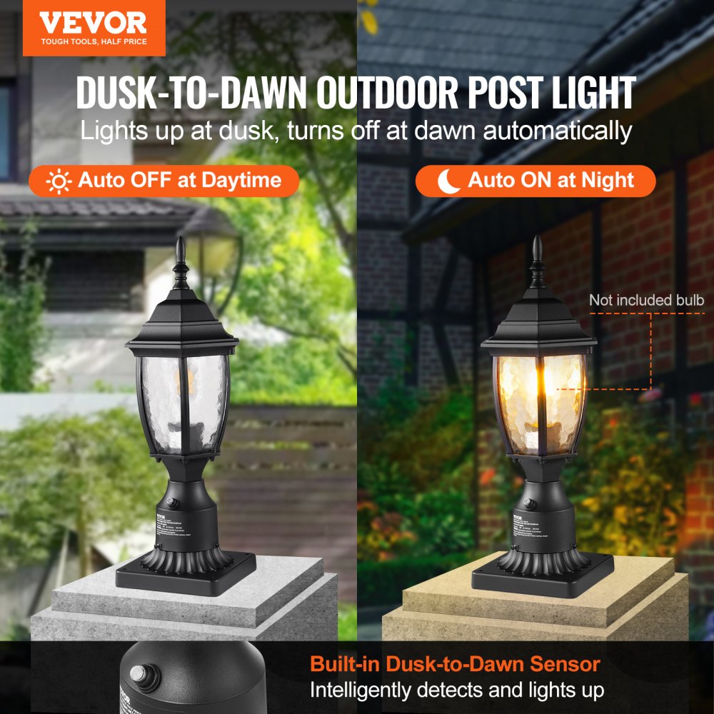 VEVOR Dusk to Dawn Outdoor Post Light, 15.75 in Height, Waterproof Lamp Post Light Fixture with 5.5 in Pier Mount Base Glass Shade, Lightning-proof Exterior Pole Column Light for Patio Garden Pathway