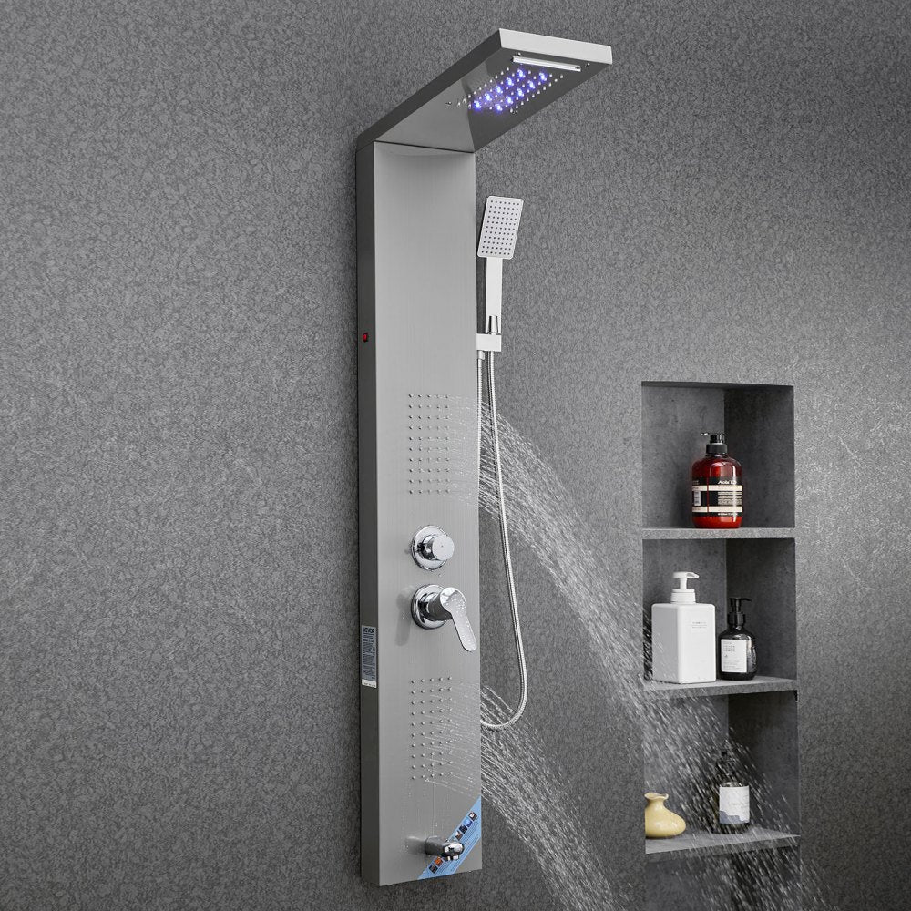 VEVOR Shower Panel Tower System with Rainfall Waterfall Shower Head, LED, 53 in Brushed Stainless Steel Shower Column, 5-Function Faucet, Wall-Mount Rain Massage System, with Handheld, Tub Spout