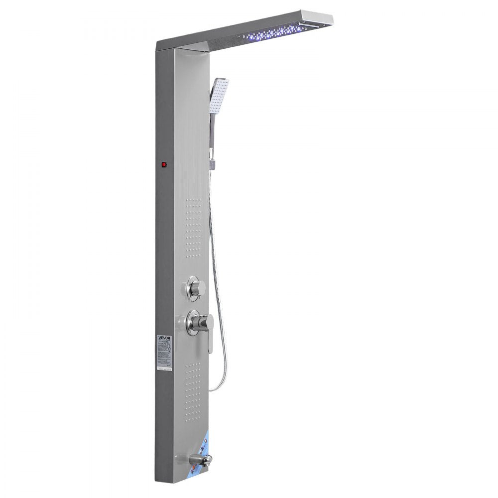 VEVOR Shower Panel Tower System with Rainfall Waterfall Shower Head, LED, 53 in Brushed Stainless Steel Shower Column, 5-Function Faucet, Wall-Mount Rain Massage System, with Handheld, Tub Spout