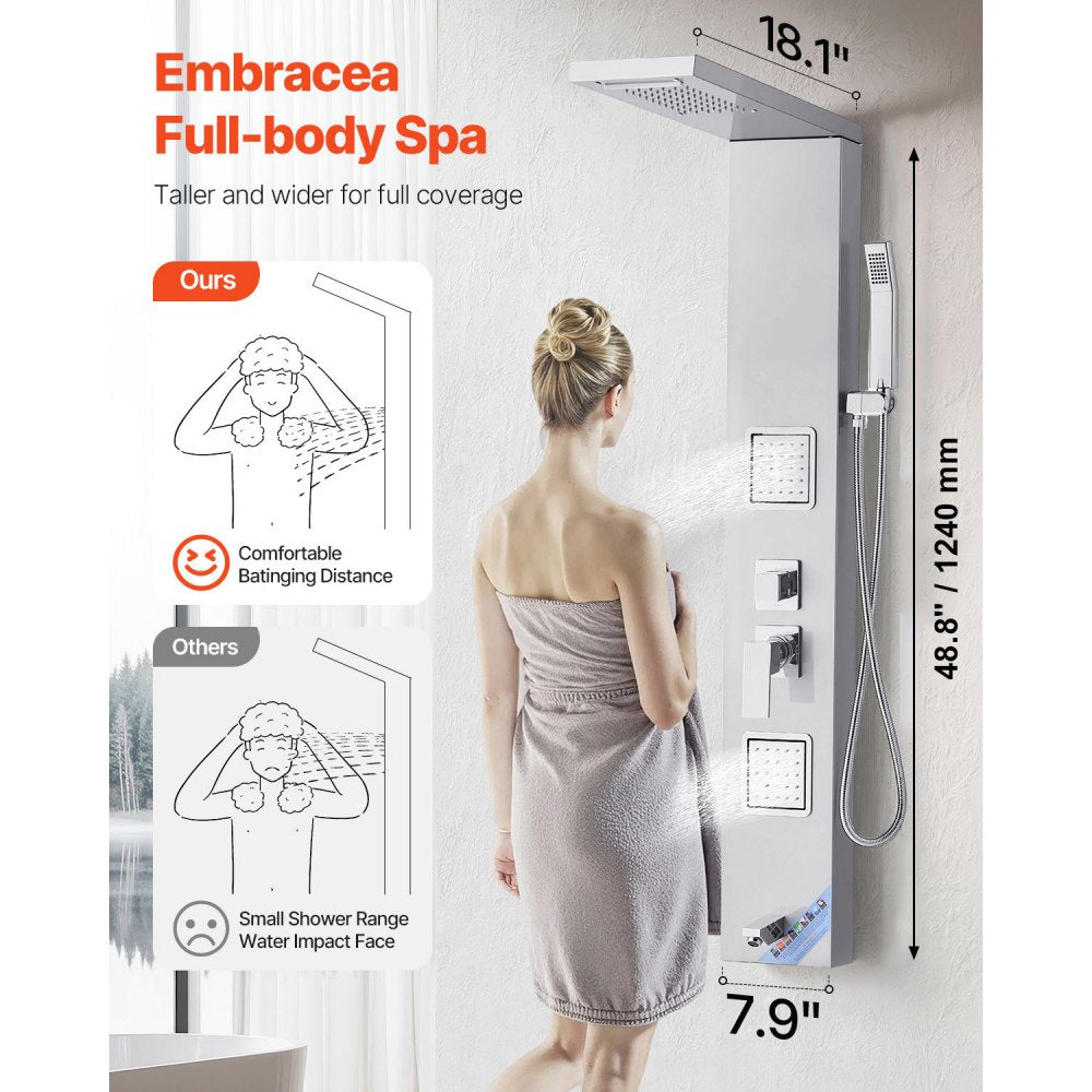 VEVOR Shower Panel Tower System with Rainfall Waterfall Shower Head, 53 in Brushed Stainless Steel Shower Column, 5-Function Faucet, Wall-Mount Rain Massage System with 2 Body Jet, Handheld, Tub Spout