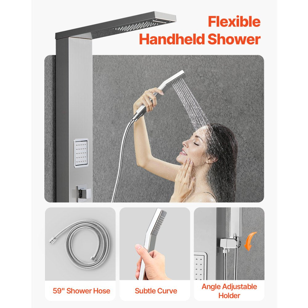 VEVOR Shower Panel Tower System with Rainfall Waterfall Shower Head, 53 in Brushed Stainless Steel Shower Column, 5-Function Faucet, Wall-Mount Rain Massage System with 2 Body Jet, Handheld, Tub Spout