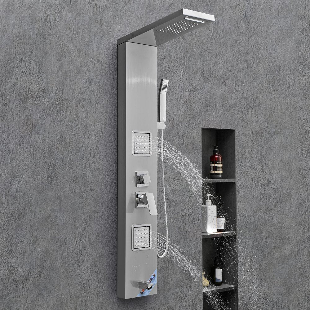 VEVOR Shower Panel Tower System with Rainfall Waterfall Shower Head, 53 in Brushed Stainless Steel Shower Column, 5-Function Faucet, Wall-Mount Rain Massage System with 2 Body Jet, Handheld, Tub Spout
