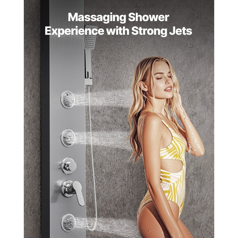 VEVOR Shower Panel Tower System with Rainfall Waterfall Shower Head, 53 in Brushed Stainless Steel Shower Column, 5-Function Faucet, Wall-Mount Rain Massage System with 3 Body Jet, Handheld, Tub Spout