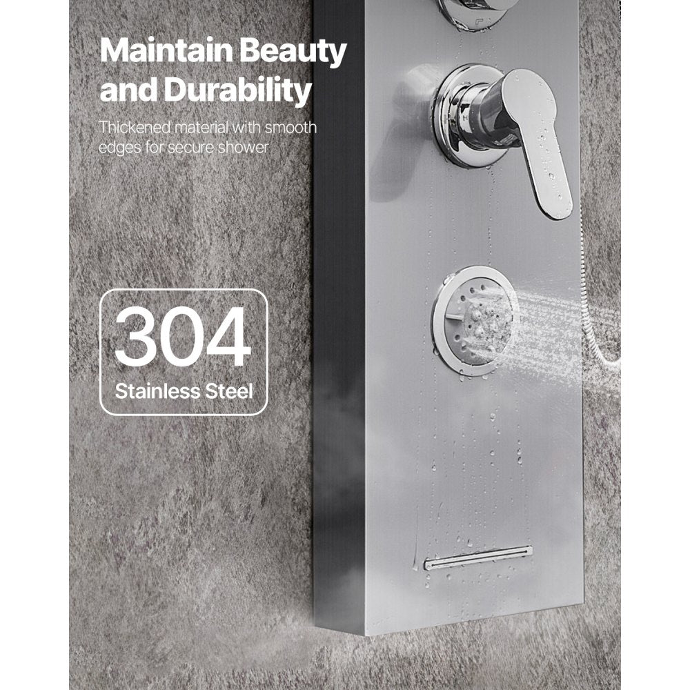 VEVOR Shower Panel Tower System with Rainfall Waterfall Shower Head, 53 in Brushed Stainless Steel Shower Column, 5-Function Faucet, Wall-Mount Rain Massage System with 3 Body Jet, Handheld, Tub Spout