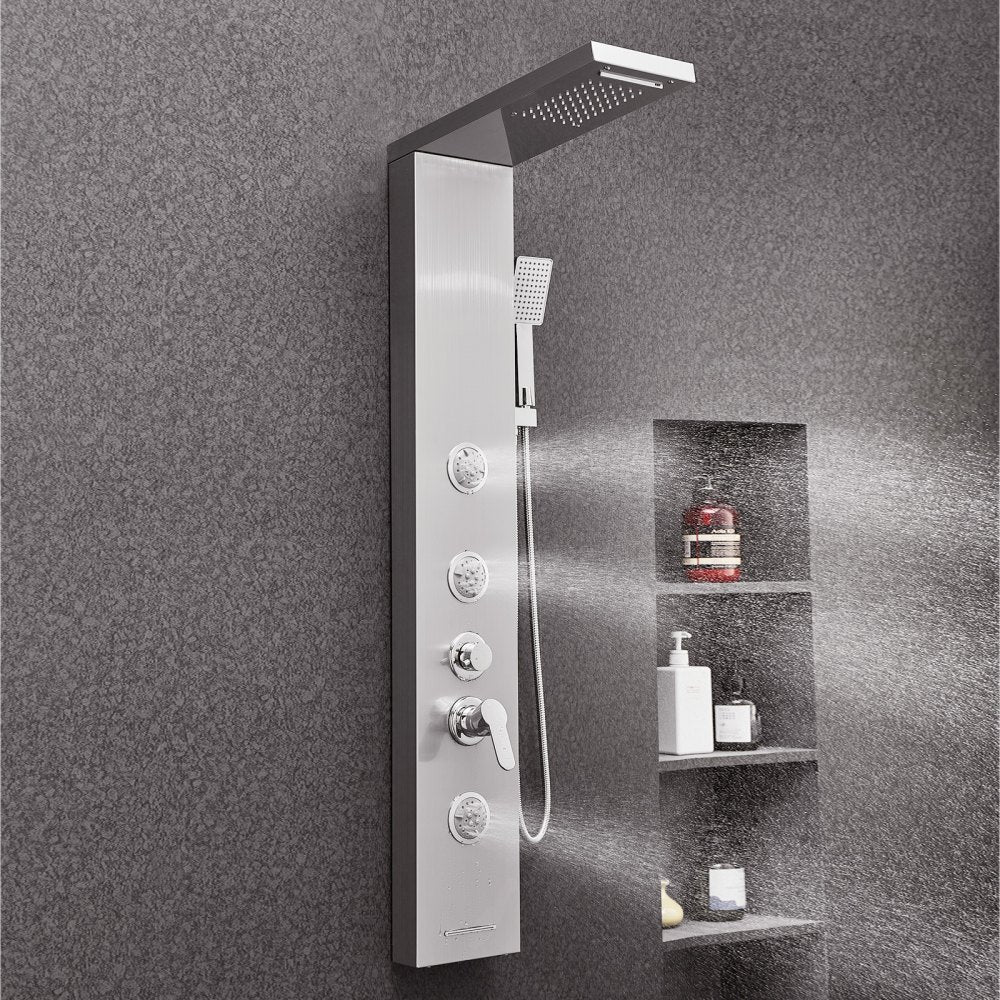 VEVOR Shower Panel Tower System with Rainfall Waterfall Shower Head, 53 in Brushed Stainless Steel Shower Column, 5-Function Faucet, Wall-Mount Rain Massage System with 3 Body Jet, Handheld, Tub Spout