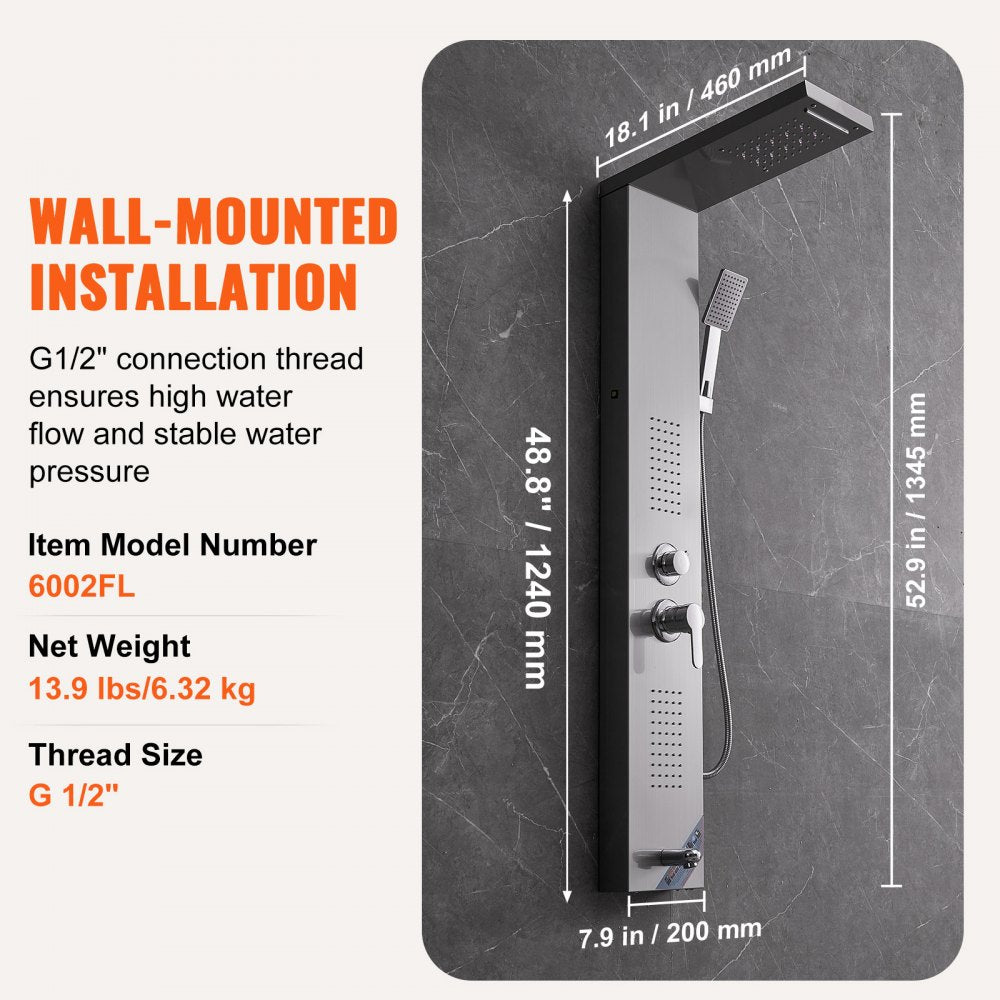 VEVOR Shower Panel System, 5 Shower Modes, LED Shower Panel Tower, Rainfall, Waterfall, 2 Body Massage Jets, Tub Spout, Handheld Shower Head with 59" Hose, Stainless Steel Wall-Mounted Shower Set